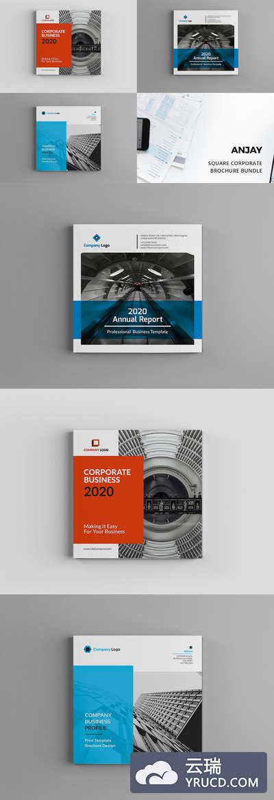 时尚现代高端的正方形企业宣传手册杂志楼书画册设计模板3in1（indd）