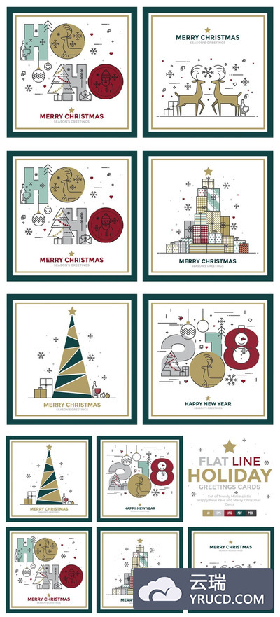 矢量 | 圣诞节快乐贺卡分界线概念轮廓线设计高分辨率麋鹿雪花字母