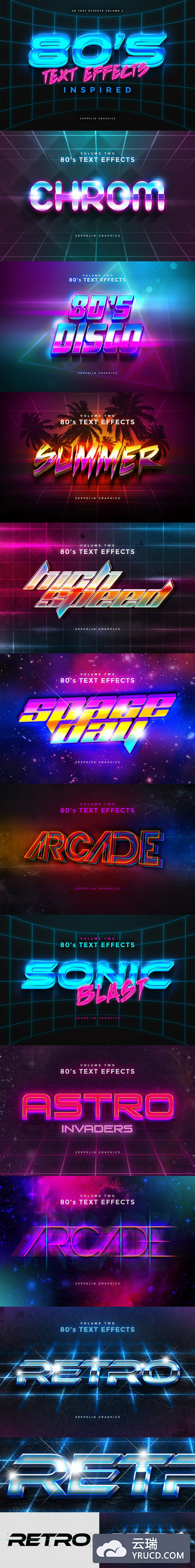 80后霓虹灯效果的PS字体图层特效样式 80s Text Effects
