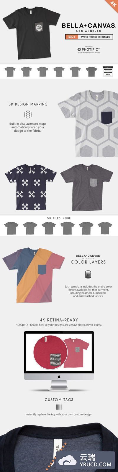 美丽的口袋T恤样机 Bella Canvas 3021 Pocket Tee Mockups