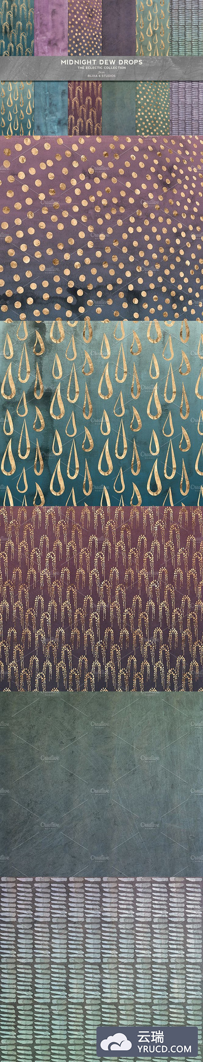 中等色彩的水彩烫金效果的背景纹理 Midnight Dewdrops Watercolor & Gold