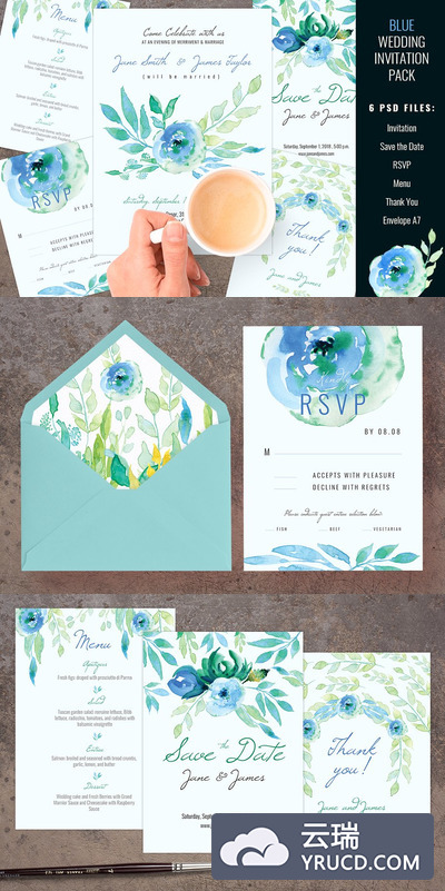 蓝色水彩婚礼邀请函模版 Blue Wedding Invitation pack