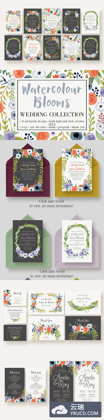 水彩花卉婚礼平面设计物料 Watercolor Blooms Wedding Collection