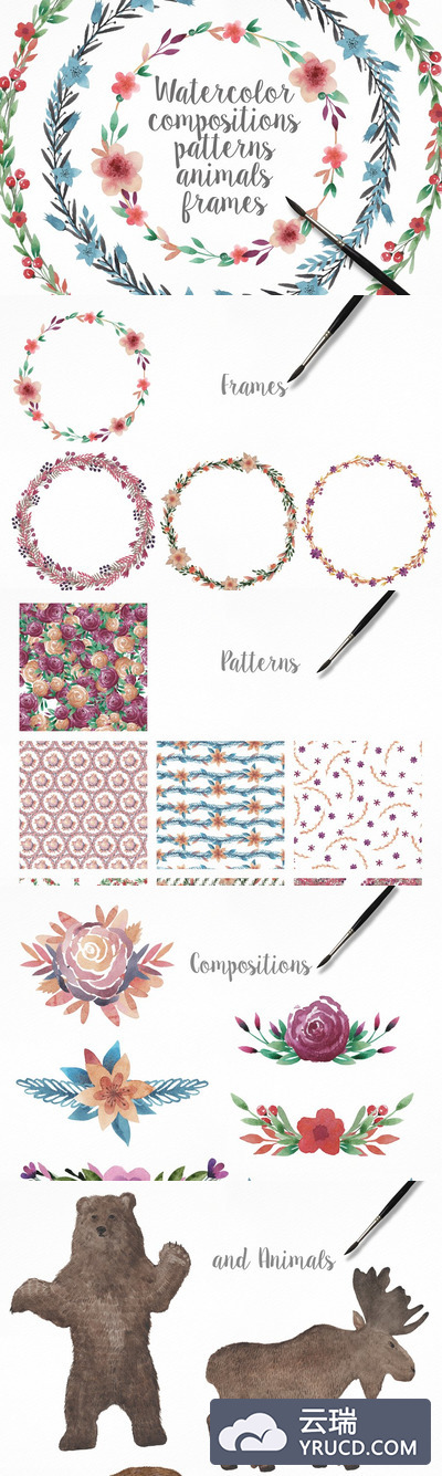 水彩花卉框架和背景纹理素材 Watercolor Frames and Patterns Pro