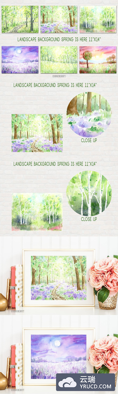 春天水彩花卉大陆素材 Watercolour Landscape Print Spring