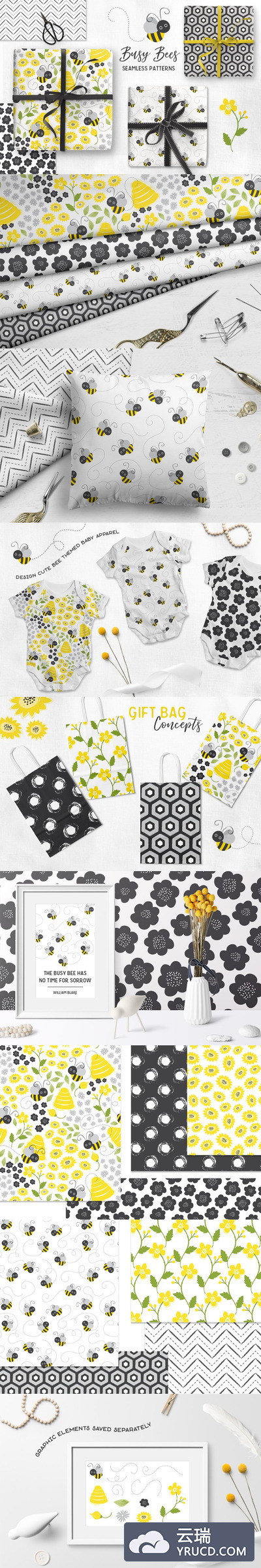 有趣可爱的卡通蜜蜂背景纹理无缝图案素材 Baby Bees Seamless Patterns