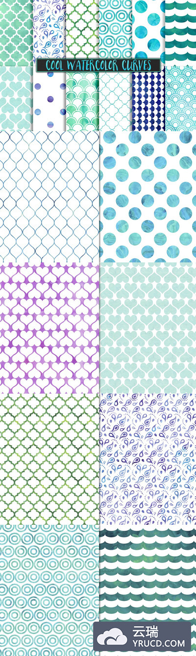 冷色调水彩画元素背景纹理素材 Cool Watercolor Pattern Backgrounds