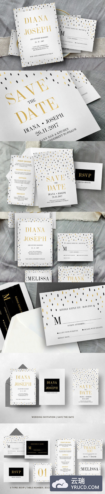 黑色金色波尔多婚礼平面物料素材 Black Gold Polkadot Wedding Suite