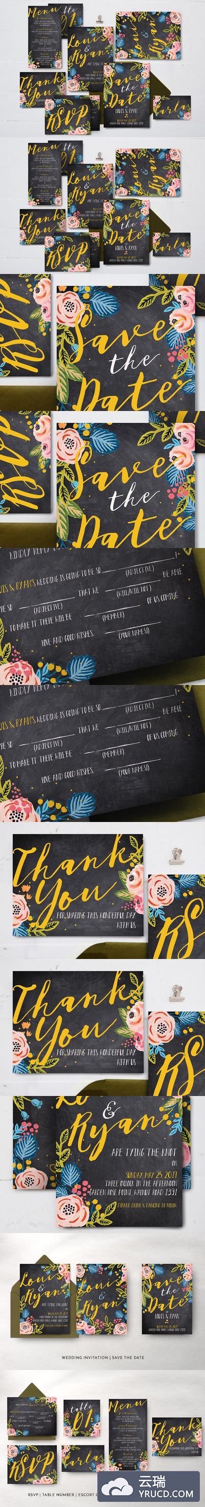 黑色花卉风格的婚礼平面设计套装 Black Floral Wedding Suite