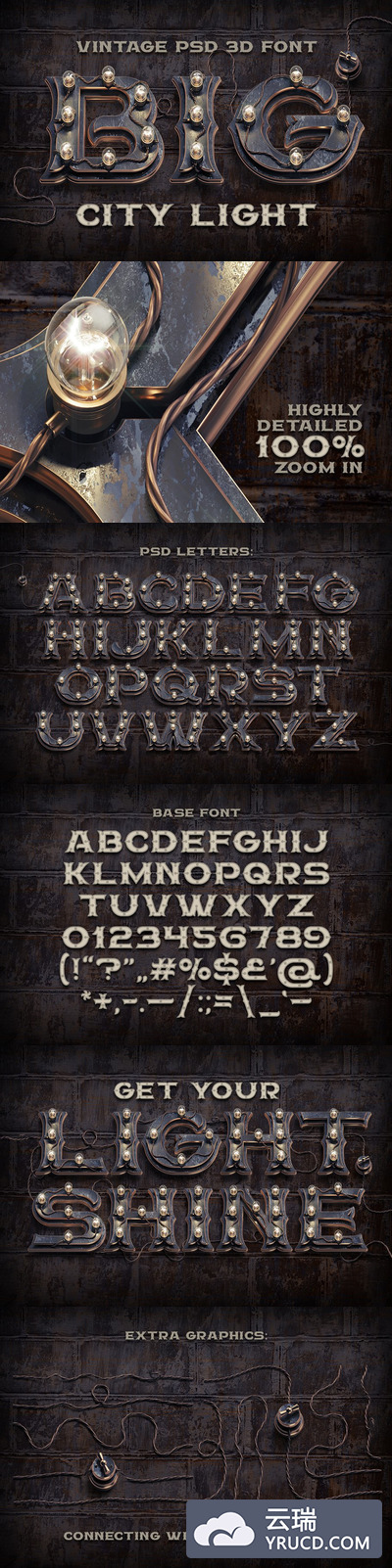 朋克风格的3D字体素材 PSD alphabet "BIG City Light"