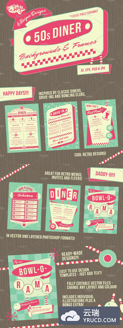 1950年代背景相框素材 1950s Diner Backgrounds and Frames