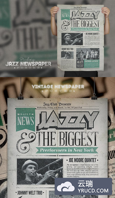 爵士经典报纸效果的海报模版 Jazz | Vintage Newspaper Poster