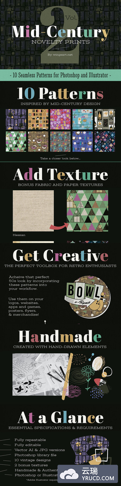 50年代复古时尚背景无缝纹理背景 Retro 1950s Style Seamless Patterns