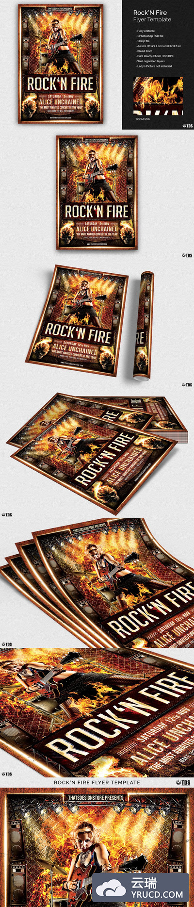 摇滚音乐海报模版 Rock'N Fire Live Flyer PSD
