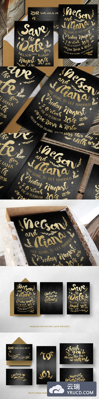 黑金婚礼邀请函模版套装 Black & Gold Hipster Wedding Suite