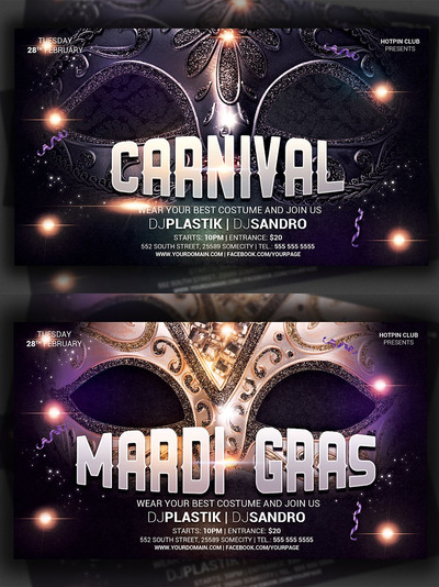 狂欢节面具化妆舞会和狂欢节派对传单海报 Carnival and Mardi Gras Party Flyer