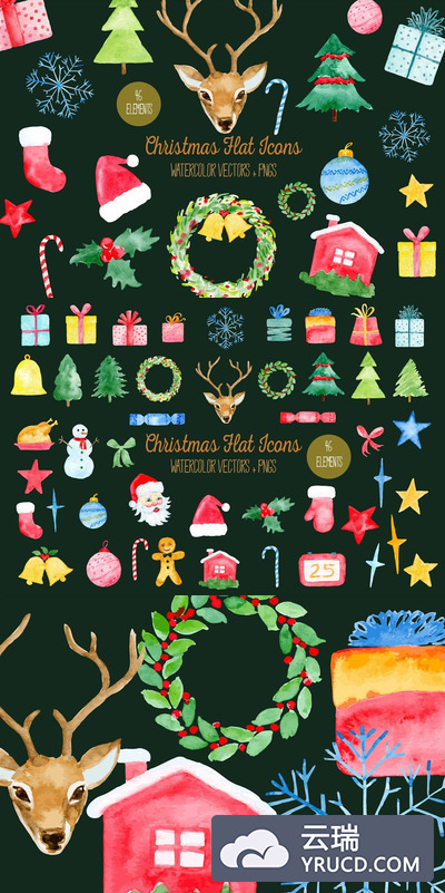 扁平化的水彩圣诞节图标 Christmas Flat Icons