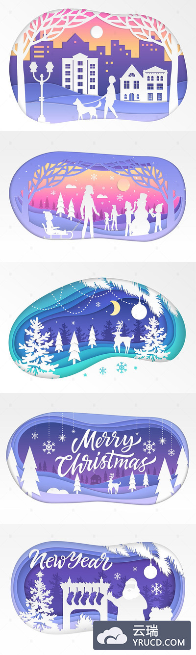 矢量 | 冬天剪纸剪贴小镇房子雪花可爱完美的圣诞贺卡-2