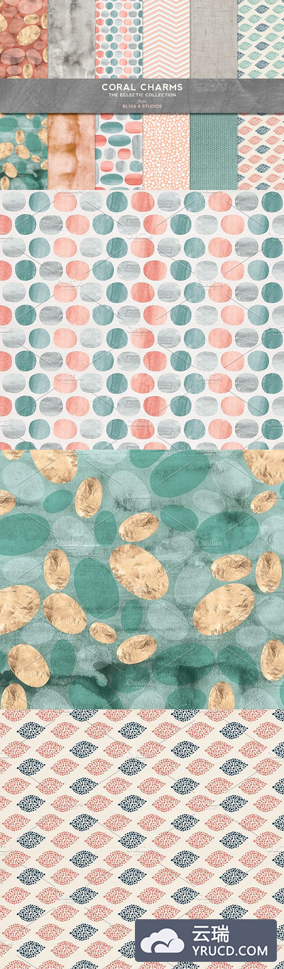 珊瑚魅力水彩与金色背景纹理 Coral Charms Watercolor & Gold