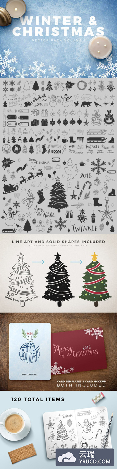 图标 | 120个圣诞节冬季雪人蜡烛装饰品星星雪花矢量元素