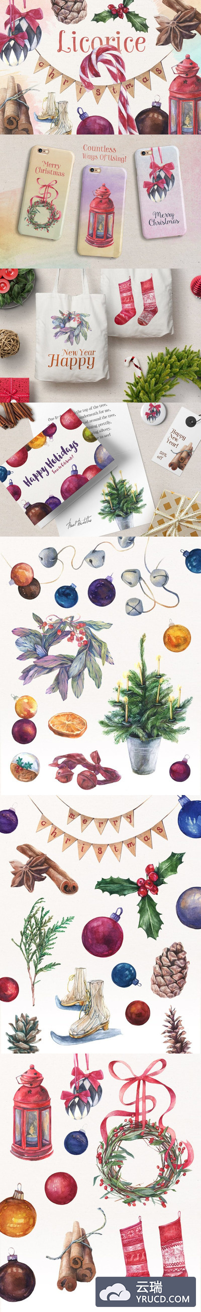 水彩 | 37高品质圣诞节水彩元素复古糖果马镫星球装饰