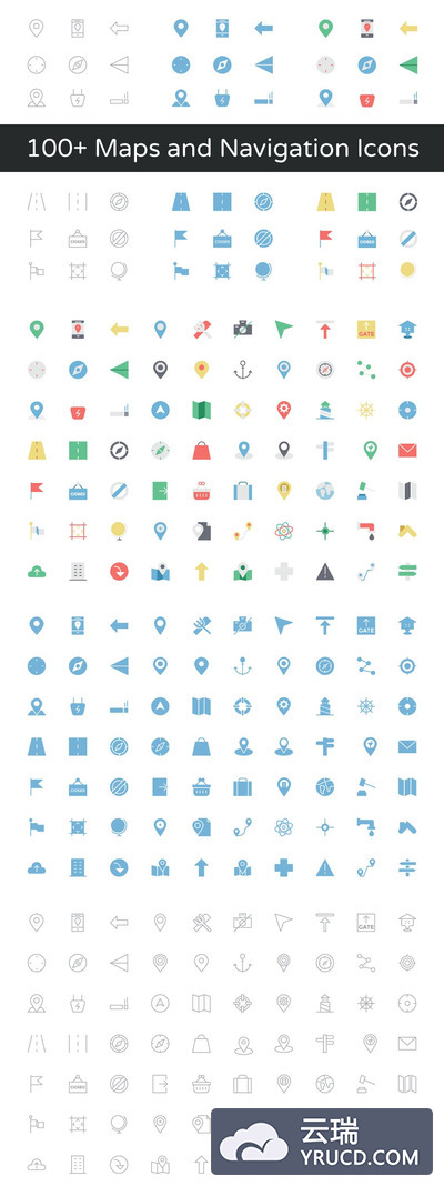 100种地图导航矢量图标 100+ Maps and Navigation Vector Icon