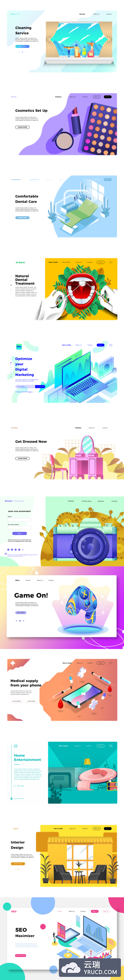 矢量 | 12个家居家具化妆品室内设计生活元素横幅着陆页
