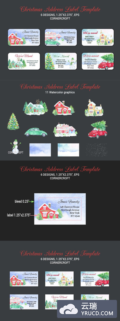 水彩 | 6种圣诞节主题标签房屋汽车雪人圣诞树纹理