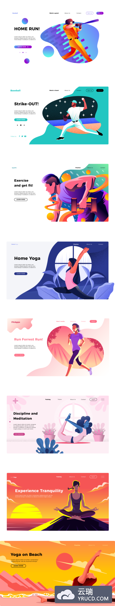 矢量 | 8个运动类棒球瑜伽跑步横幅着陆页