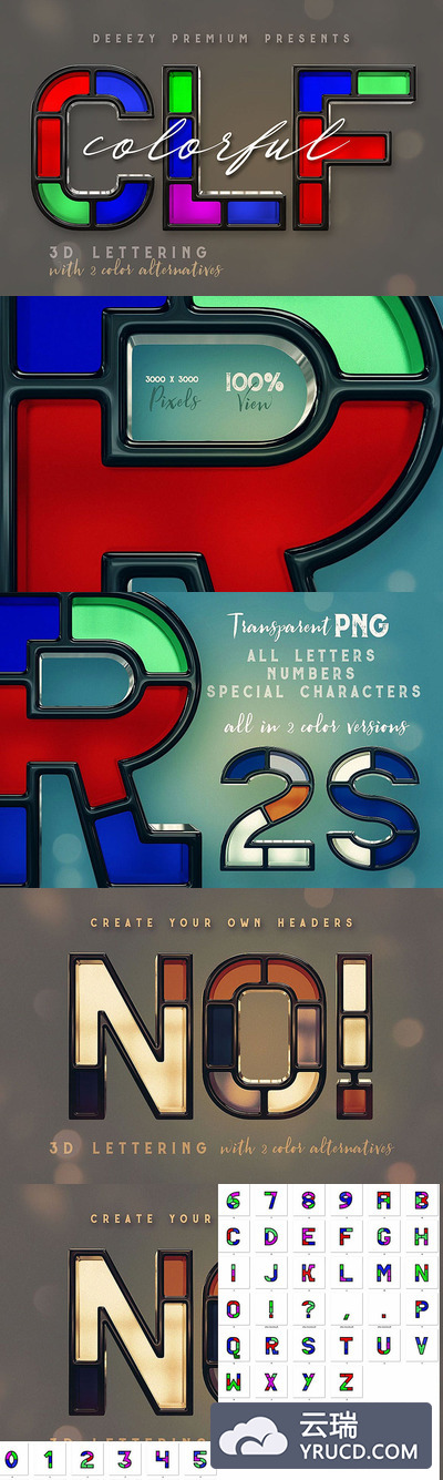高分辨率的未来派和多彩风格的3D立体英文字母数字