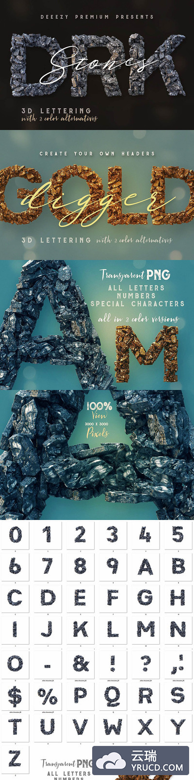 时尚高端震撼的高分辨率3D立体石头英文字母数字字体