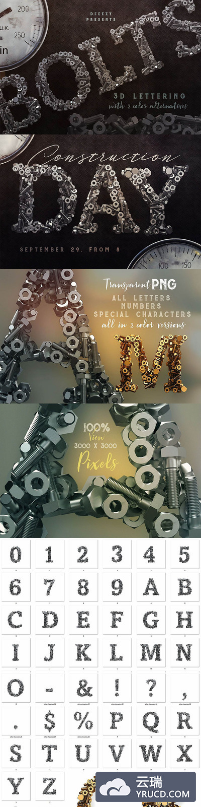 工业质感的高分辨率金属螺栓建筑风格英文字母数字字体渲染