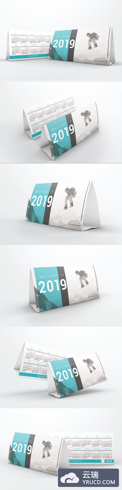 高品质的2019年新年台历日历设计VI样机展示模型mockups