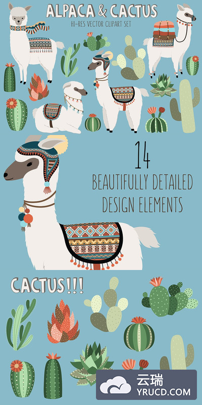 美洲驼和仙人掌插画 Llama and Cactus Clipart Bundle