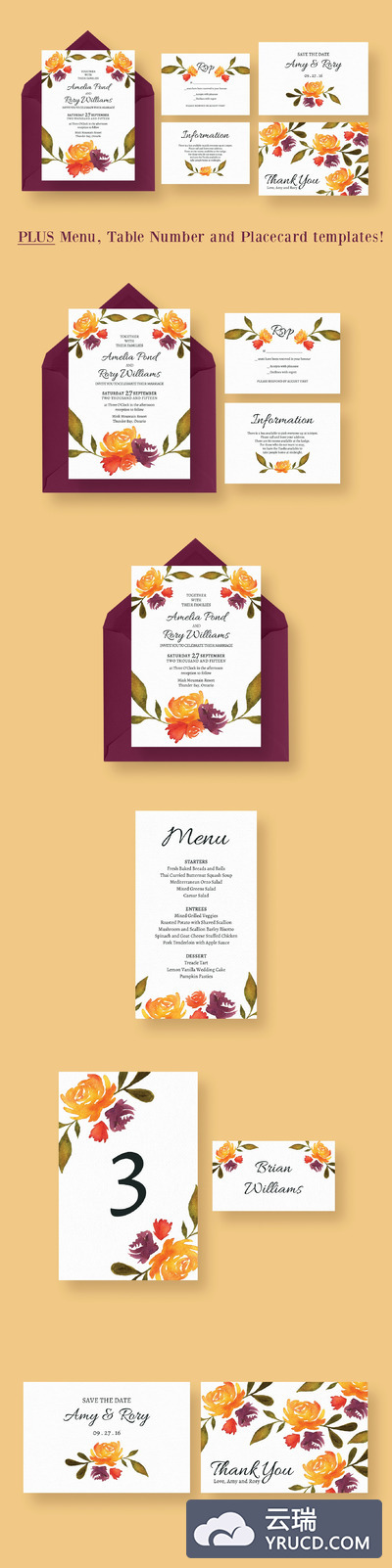 水彩婚礼花卉模版 Watercolour Fall Wedding Suite