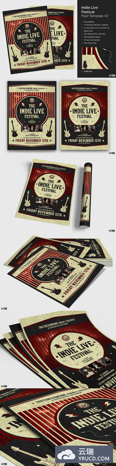 怀旧个性的音乐会海报模版 Indie Live Festival Flyer PSD V2