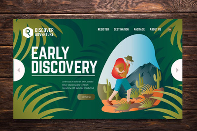 时尚高端简约的徒步旅行锻炼爬山户外活动banner海报着陆页插画网页标题PSD和AI矢量设计模板