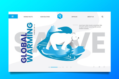 时尚高端简约全球变暖北极熊冰山融化banner海报着陆页插画网页标题PSD和AI矢量设计模板