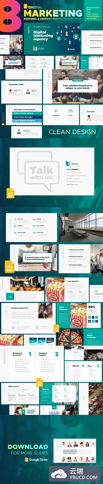 时尚高端多用途的数字营销机构Google Slide谷歌幻灯片powerpoint演示模板（pptx）