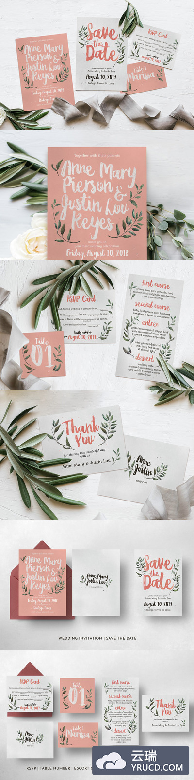 逼真的粉红绿色婚礼平面套装 Rustic Pink & Green Wedding Suite