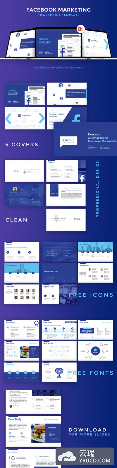 时尚高端多用途的Facebook营销Powerpoint幻灯片演示模板（pptx）