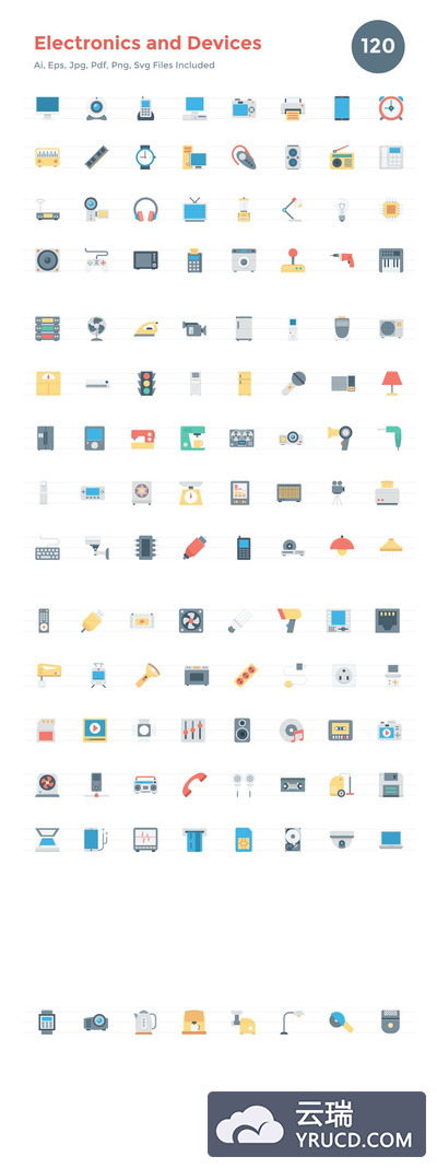 120个扁平化的电子设备图标 120 Flat Electronics and Devices