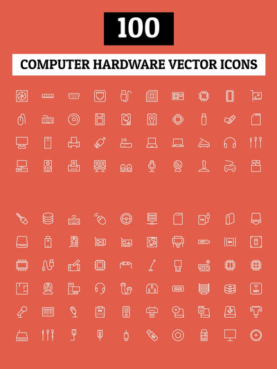 100个电脑硬件相关的图标 100 Computer Hardware Vector Icons