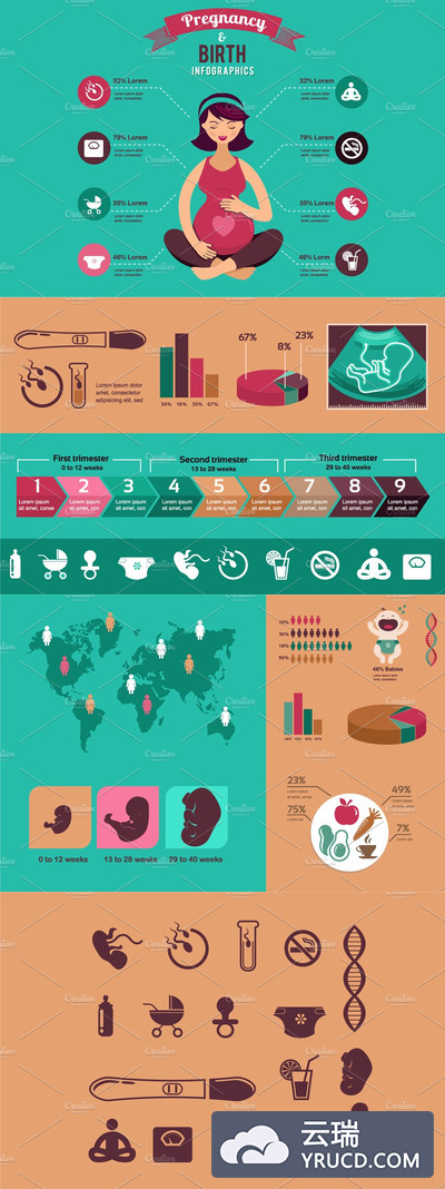 孕妇相关的介绍图形 Pregnancy and birth infographics