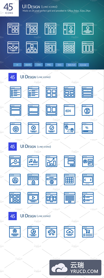 45个UI设计线型图表 45 UI Design Line Icons