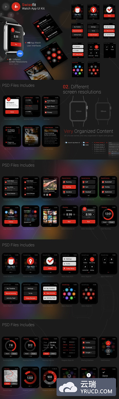 专为IOS苹果手表设计的健身平板和现代UI套件Swissfit Watch App UI KITS