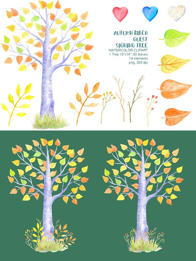 秋季黄色树叶素材插画 Autumn Birch Guest Signing Tree