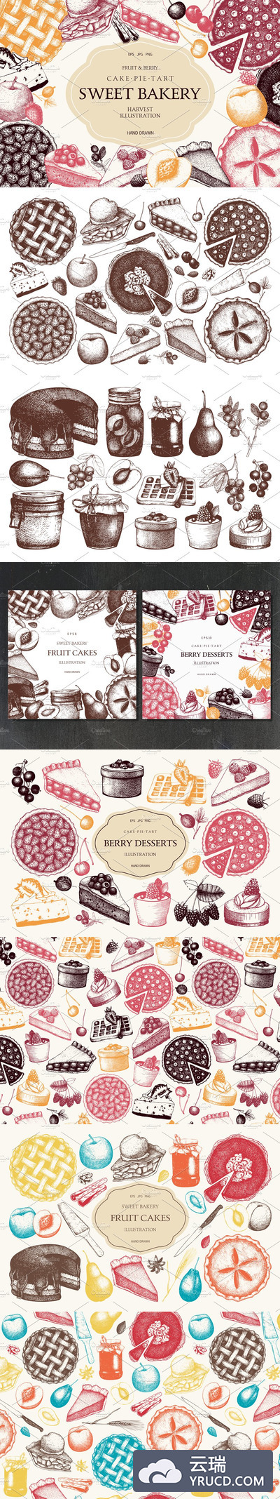 水果糕点和甜点插画套装 Fruit Pastries & Desserts Set