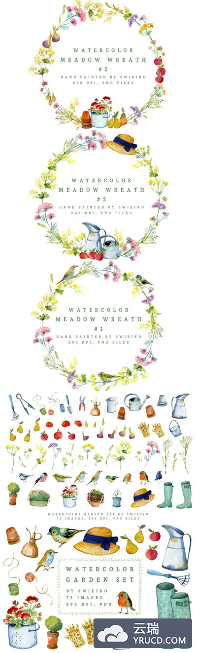 水彩 | 72个手绘花园鲜花水果鸟类花圈绘制元素600dpi