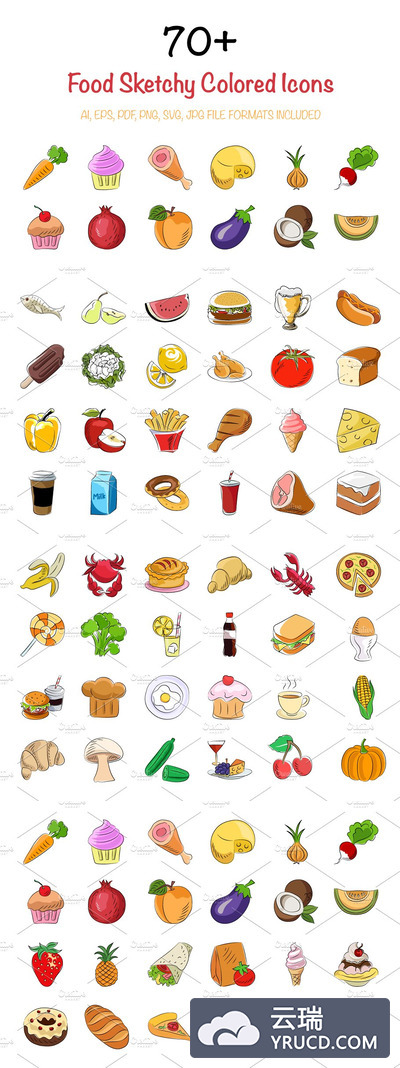 70+食品粗略彩色图标 70+ Food Sketchy Colored Icons